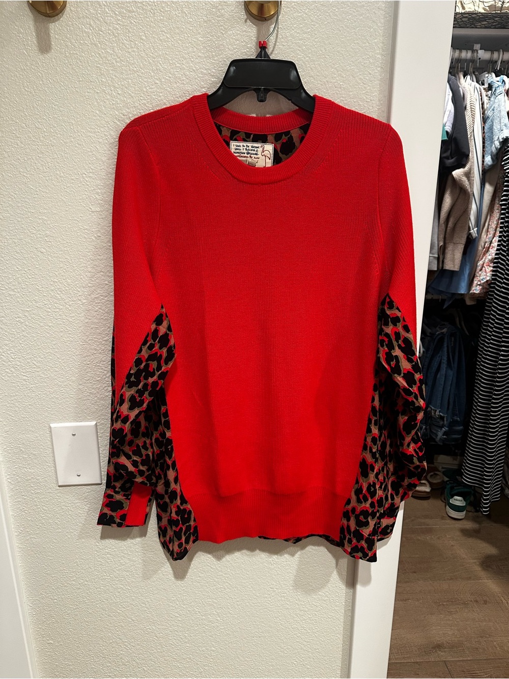 Free People Red Sweater with Leopard Print Sleeve Panels